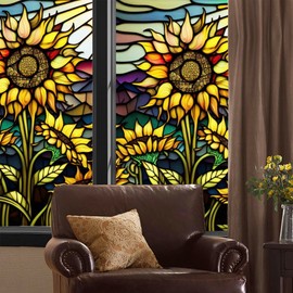 Privacy Window Film Retro Sunflower Pattern Stained Glass Window Film Decorative Frosted Window Cling Non-Adhesive Static Cling for Window &Glass Door
