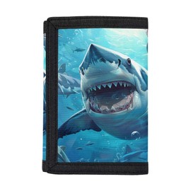 Noteligou Trifold Wallet for Boys Girls Polyester Fabric Wallet Trifold Small RFID Blocking Wallet for Students for School, Shark Blue, one size, Casual