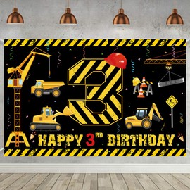 LOONELO - Banner temático de construcción para fiesta de 3er cumpleaños, telón de fondo de fotografía, decoración de fondo de camión volquete, excavadora de grúa amarilla y negra, cartel de 3 años