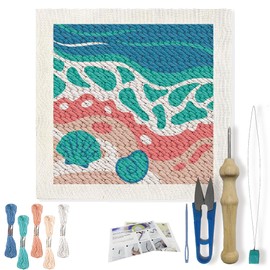 FREEBLOSS DIY Punch Needle Kits for Beginners Beach Pattern Embroidery Punch Needle Starter Craft Rug Hooking Beginner Kit Punch Needle Rug Kit Embroidery Set Easy for Adults Decoration 24 x 24 cm