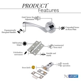 XFORT Polished Chrome Warped Lever On Rose Latch Pack, with Ball Bearing Hinges & A Tubular Latch, Ideal for Internal Wooden Doors for Home and Office.