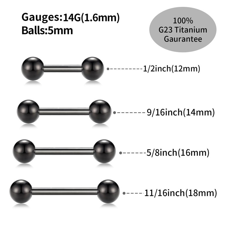 PEAKLINK Black Titanium Nipple Bars 16 Gauge Straight Internally Threaded