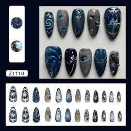 Teilihai Medium Press on Nails Almond Dark Fake Nails Starry Sky Flower Bubble Designs Elegant False Nails Flat Printing Pattern Acrylic Reusable Full Cover Stick on Nails for Women Girls 24Pcs