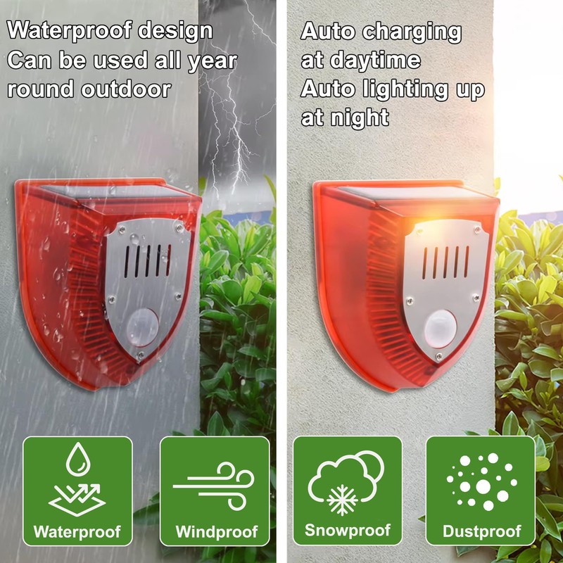 QXMH Solar Outdoor Motion Sensor Alarm: 129db Dog Barking &