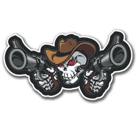 2 x Glossy Vinyl Stickers - Cowboy Pistol Skull Bike Bike Laptop Decal #4084 (10cm Wide x 5.5cm Tall)