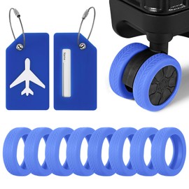 2 Pcs Silicone Luggage Tag for Suitcases with Stainless Loop, 8 Pcs Luggage Wheel Covers, Wear-Resistant, Anti-Noise, Silicone Luggage Wheel Protective Covers for 2-2.4" Spinner Wheel. (Blue)