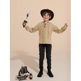 Haloumoning Boys Medieval Viking Pirate Shirt Kids Renaissance Costume Retro Lace Up Hooded Cosplay Shirts Tops 5-14 Years