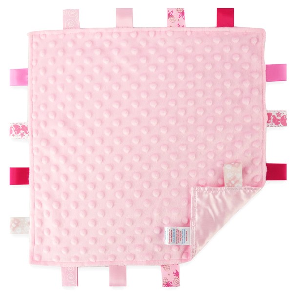 Soft Touch Taggie Comforter Baby Comfort Blanket with Sensory Tags and Bubble/Heart/Star/Foil Print Pattern (Pink Bubble)