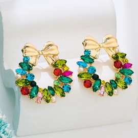 Biuwos Colorful Bow Christmas Wreath Earrings for Women Sparkling Xmas crystal Wreath Dangle Earrings Holiday Jewelry