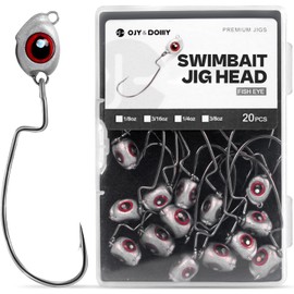 OJY&DOIIIY Fish Eye Swimbait Jig Heads, 20 Pack Weighted Hooks for Texas Rig or Ned Rig Fishing 3/16 oz with 3/0 Hook