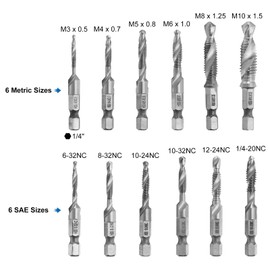 sourcing map 13pcs Combination Drill Tap Bit Set, SAE 6-32NC to 1/4-20NC Metric M3 to M10 Thread Taps with Quick Change Adapter, Screw Threading Drilling Tapping Tool Kit