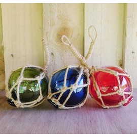 Nautical Glass Sea Fishing Float Buoy | 3"/7.5cm Dia With Rope Hangers 3 Ass't | 15216