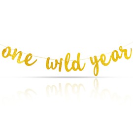 Wild One Birthday Decorations Gold Sparkle One Wild Year Banner Safari Wild One Banner Baby First 1st Birthday Photo Prop for Boys Girls Kids Jungle Animal Theme Party Supplies
