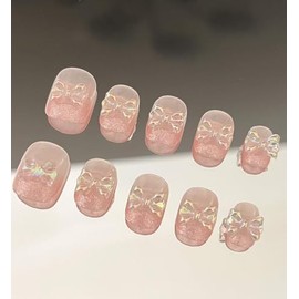Handmade Press On Nails Short MouyouGlow, Squoval Round Kawaii Cute Pink Ombre Glitter 3D Bow Tie Bow Pink Gradient Shimmer Resuable Fake Nails, Handmade Artificial Fingernails, 10 Pieces, 503-S