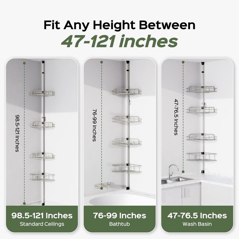 HAMITOR Shower Caddy Tension Pole: 4-Tier Rustproof Bathroom Corner Shelf