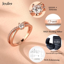 Jeulia Women's Rose Gold Rings Sterling Silver Round Cut Solitaire Ring Diamond Rings Jewellery for Bridal Wedding Band Engagement Ring, Silver, Cubic Zirconia