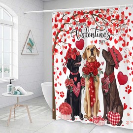 Valentines Day Dog Shower Curtain, Funny Animals Valentine's Shower Curtain Set, Hot Red Falling Hearts Tree Bathroom Décor with Hooks for Women Girls