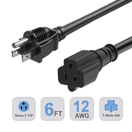 6-FT 12AWG 15 Amp Household Plug to 20 Amp T-Blade Adapter Cable Nema 5-15P to 5-20R,5-15P to 6-15R/20R 15Amp-Male to 20Amp-Female Extension-Cord,15A 125V to 20A 250V AC Power Cord