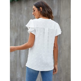 Blooming Jelly Womens White Blouse V Neck Ruffle Sleeve Flowy Shirts Dressy Casual Cute Summer Tops(Large, White)