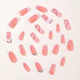 24 Pcs Press on Nails Medium Square,LINMEIZAI White French Fake Nails Press ons Nail Tips Glue on Nails Full Cover Acrylic Nail Art Kit False Nails with Rhinestone Marble Bow Charms Design for Women