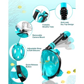 Viginsul Mask Fins Snorkeling Gear for Adults, Full Face Snorkel Mask & Adjustable Swim Fins Snorkel Set, Panoramic View Snorkel Mask Dry Top Anti-Fog Anti-Leak