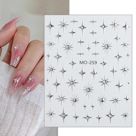 6 Sheets Glitter Shiny Star Nail Stickers 3D Self-Adhesive Star Nail Supplies Rhinestones Stars Nail Art Stickers Black Silver White Gold Star Nail Decals for Women Girl DIY Nail Art Design