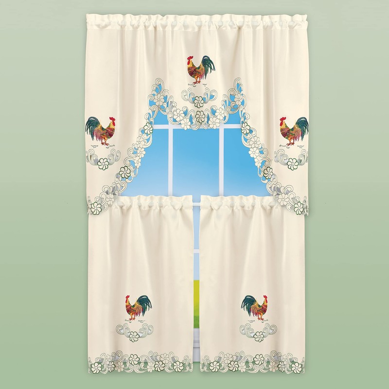 Collections Etc Rooster Embroidered Kitchen Window Curtains