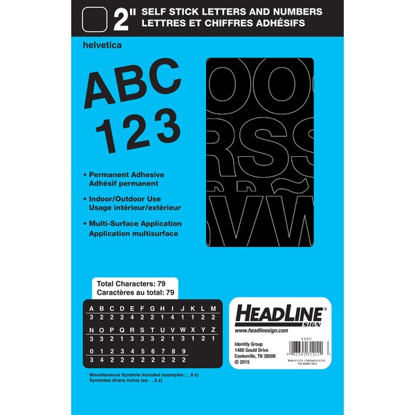 Headline Sign 31211 Stick-On Vinyl Letters and Numbers, Black, 2-Inch