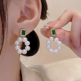 Inateannal Boho Emerald Pearl Crystal Earrings Emerald Green Earrings Gold Pearl Dangle Drop Earrings Green Gemstone Stud Earrings Bridal CZ Pearl Earrings Jewellery for Women and Girls