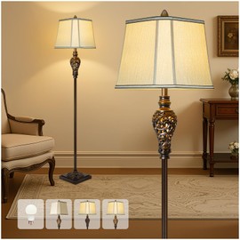 Vintage Floor Lamp with Night Light, 65" Retro Standing Lamp with Brown Finish and Beige Faux Silk Shade, Farmhouse Industrial Design Tall Lamp for Living Room Bedroom Bedside Corner (Bulb Included)