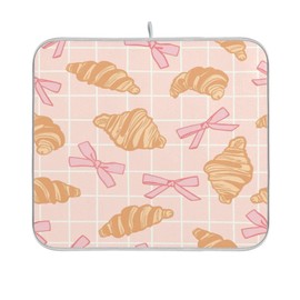Dussdil Dish Drying Mats Pink Bows Plaid Croissants Drainer Rack Mat for Counter 16 x 18 Inch Microfiber Dry Dishes Pad Coffee Bar Sink Countertops Mats