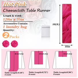Waligoy Hot Pink Cheesecloth Table Runner 2 Pack 35" Boho Gauze Table Runner 120 inches Long Table Runner Rustic Sheer Fabric Bulk for Baby Shower Wedding Bridal Birthday Party Table Decorations
