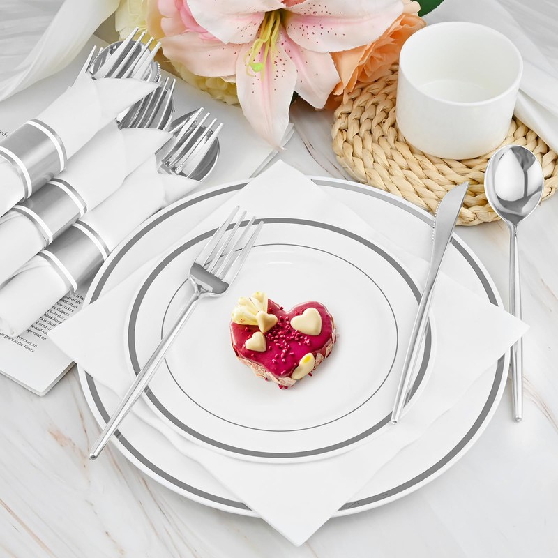 400PCS Pre-Rolled Plastic Cutlery Set Disposable - Wrapped Silver Plastic