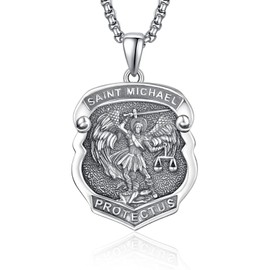 PRAYMOS Archangel St. Michael Catholic Patron 925 Sterling Silver Pendant Necklace Jewelry Divine Sword Senhield Protection Shield Religious Necklace Gift for Men and Women