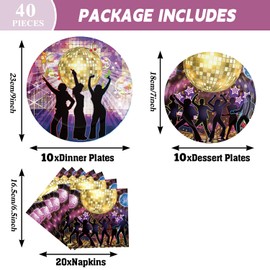 Disco Party Plates Disco Theme Party Tableware Set 70s 80s 90s Dance Theme Birthday Party Decorations Supplies Serves 10 Guest (Purple)