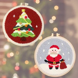 XINGTAI 2 Sets Punch Needle Embroidery Kit for Adults Beginner Punch Needle Rug Kit with Christmas Decoration Patterns Include Embroidery Hoops and Yarns and Needles and Instructions