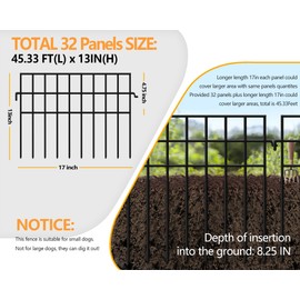 KYATE 32 Panels Animal Barrier Fence No Dig, 45.33ft(L) X 13in(H) Rabbit Fences Ground Defense Border Small Metal Fencing, Dog Under Barriers Blocker for Garden, Flower Bed, Patio