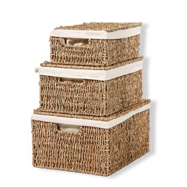 Trademark Innovations Set of 3 Rectangular Seagrass Baskets with Lids and Removable Fabric Liners (Small)