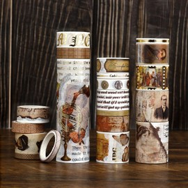 NOGAMOGA Washi Tape Set, 20 Rolls Vintage Washi Tapes, Journaling Supplies, Wide Craft Tape with Gold Accents, Washi Tapes for Scrapbooking Junk Journal Crafts Card Making