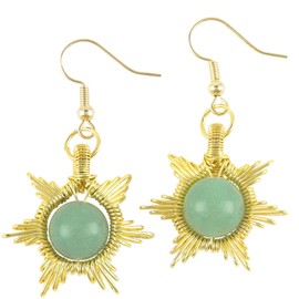 Nupuyai Green Aventurine Crystal Stone Drop Earrings for Women, Wire Wrap Gold Star of David Sun Dangle Earrings for Party Wedding Vacation