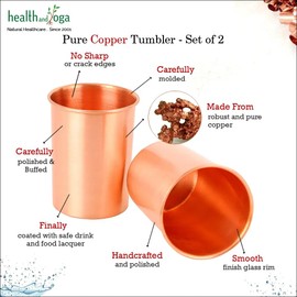HealthAndYoga™ qCup Pure Copper Tumblers for Drinking - Ayurvedic Health Pure Copper Cups – 2 pcs. set - 250 ml.(8 fl oz) (Plain)