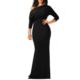 YMDUCH Women's Sexy Elegant Long Sleeve Off Shoulder Bodycon Long Evening Formal Dress Black