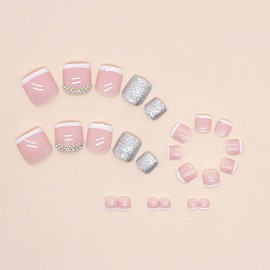 Cubahop 24 Pieces French Square Fake Toenails Nude Rhinestone False Toenails Glitter Heart Love Shiny Toenail Tips for Women and Girls (Pink2)