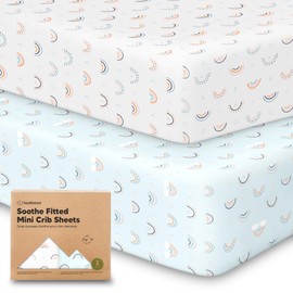 2-Pack Mini Crib Sheets Fitted, Pack and Play Sheets - Organic Cotton Pack N Play Sheets for Pack and Play Mattress, Playard Baby Crib Sheets, Jersey Crib Sheets Neutral for Boys,Girls (Jolly Rainbow)