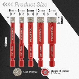 Dry Diamond Drill Bits Set - FOCSTOL 5pcs 6/6/8/10/12mm Diamond Hole Saw Kit with Quick Change Hex Shank for Ceramic Porcelain Tile Marble Granite Quartz