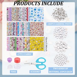 WEBEEDY 50 Sets Floral Button Stud Earring Making Kit Fresh Floral Fabric Button Earring Art and Craft Kit for Adults, Earring Posts and Backs, Earring Studs for Jewelry Making, Unique Gift for Women