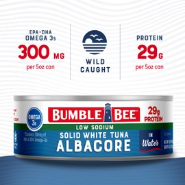 Bumble Bee Low Sodium Solid White Albacore Tuna in Water, 5 oz Can - Wild Caught Tuna - 29g Protein per Serving, High in Omega-3s - Non-GMO Project Verified, Gluten Free, Kosher