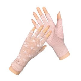 XFONZYUN Women's Gloves, Lace, Fingerless, UV Protection, Sunscreen, Anti-Slip, Half Fingering, Cooling Sensation, Smartphone Compatible, UV Protection, Driving, Bicycle, Commuting, Thin, Pink
