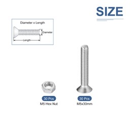 DTGN 60Pcs M5-0.8 x 30mm Flat Head Hex Socket Cap Screws Bolts Nuts Kit, 304 Stainless Steel Round Flat Metric Machine Screws, Full Thread