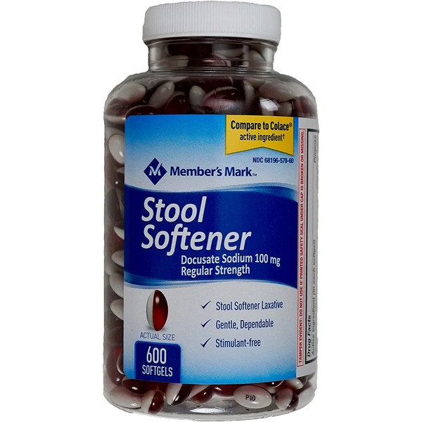 Member's Mark Stool Softener Regular Strength Docusate Sodium 100mg, 600 Softgels